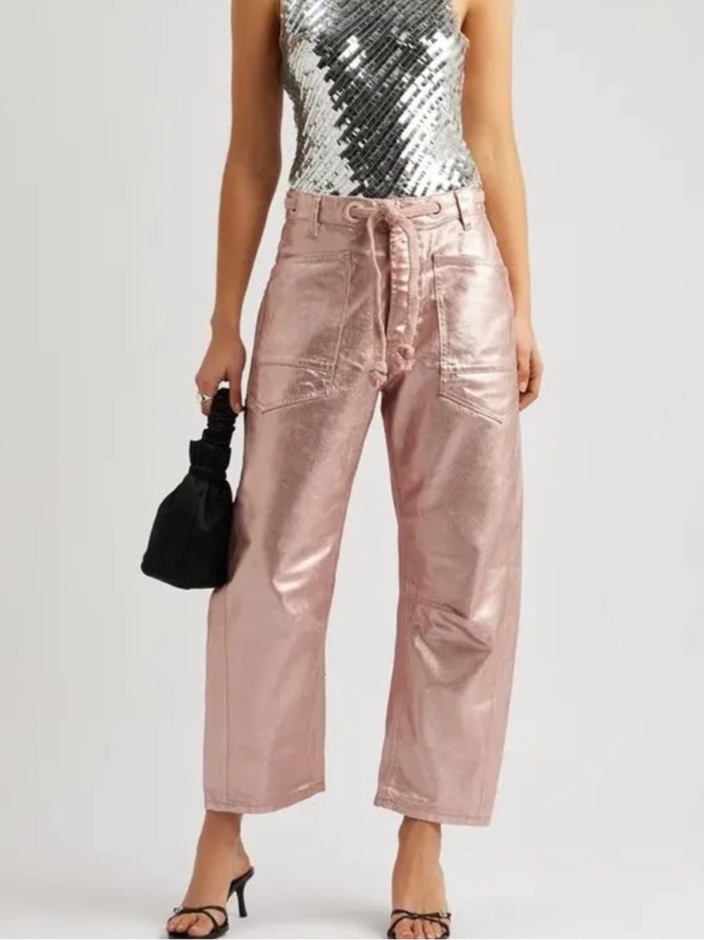 Free People We The Free Moxie Pink Metallic Low Slung Barrel Jeans Sz 25